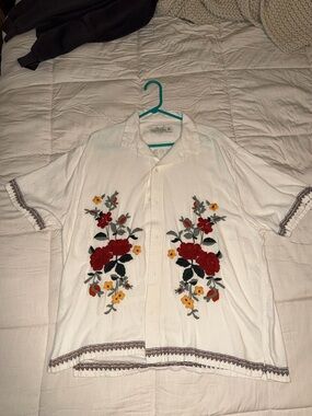 Abercrombie & Fitch White Button-Down Shirt with Red & Yellow Floral Embroidery